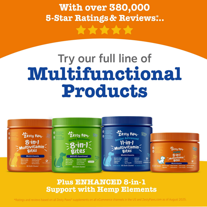 Large dog dental bones displayed alongside multivitamin supplement bottles on orange and yellow background.