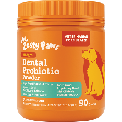 Orange jar of Zesty Paws dental probiotic powder with orange lid, featuring yellow and red dog illustration and product text.