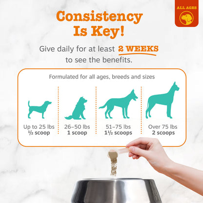 Hand holding scoop dispensing tan powder into metal bowl, with dosage guide showing four dog silhouettes.