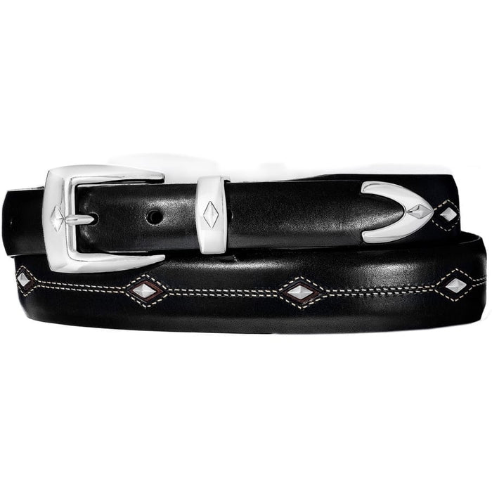 Brighton black leather belt with silver-tone buckle, keeper, tip, and diamond-shaped stitched accents on a white background