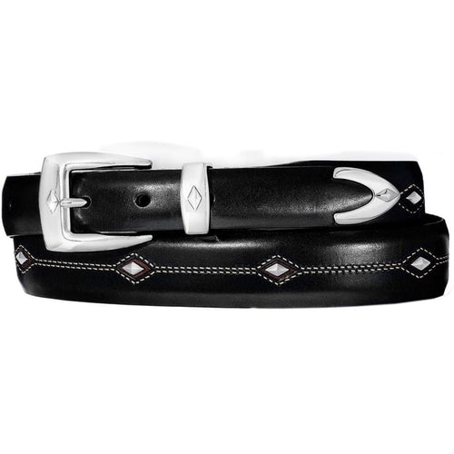 Brighton black leather belt with silver-tone buckle, keeper, tip, and diamond-shaped stitched accents on a white background