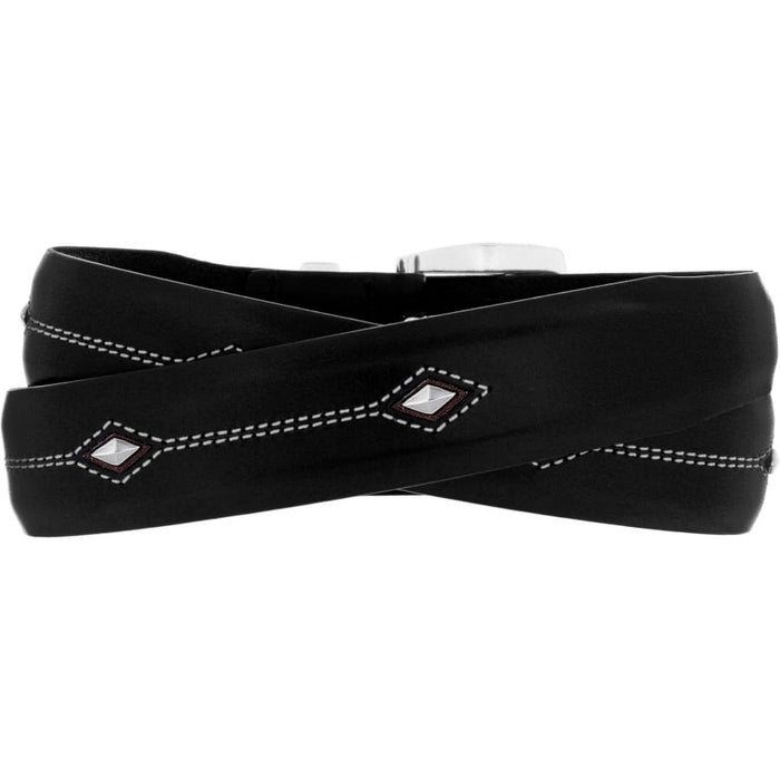 Brighton black leather belt with white contrast stitching and silver-tone diamond stud accents on a white background