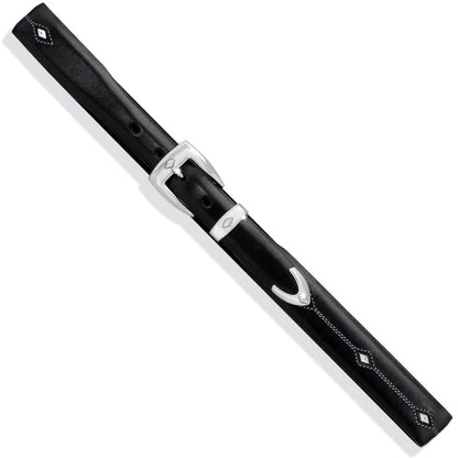 Brighton black leather belt with silver-tone buckle, keeper loop, and diamond stitched accents on a white background