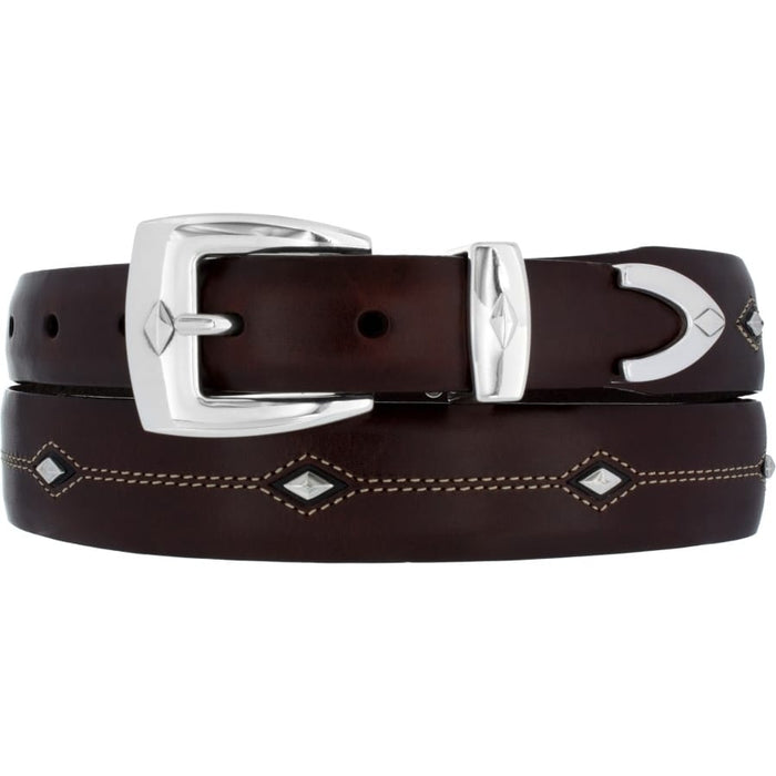Brighton brown leather belt with silver-tone buckle, keeper, tip, and diamond-shaped studs with stitching on a white background