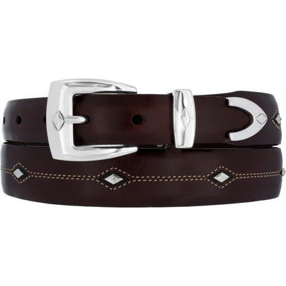 Brighton brown leather belt with silver-tone buckle, keeper, tip, and diamond-shaped studs with stitching on a white background