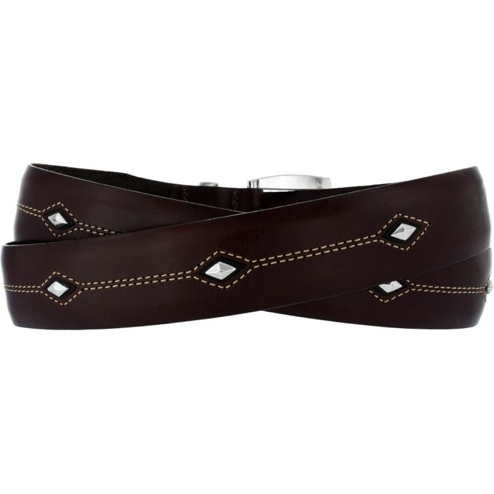 Brighton leather belt in dark brown with diamond-shaped silver-tone studs and contrast stitching on a white background
