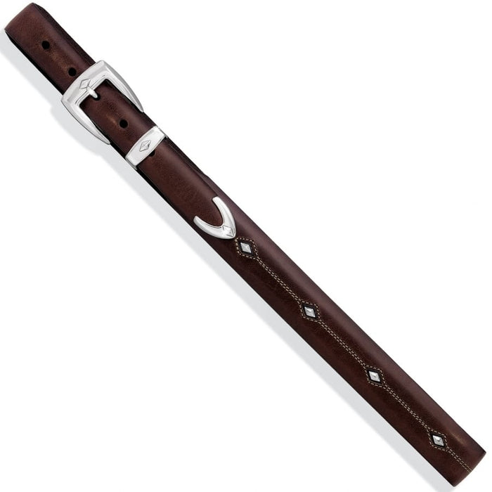 Brighton brown leather belt with silver-tone buckle and diamond-shaped stud accents along the strap on a white background