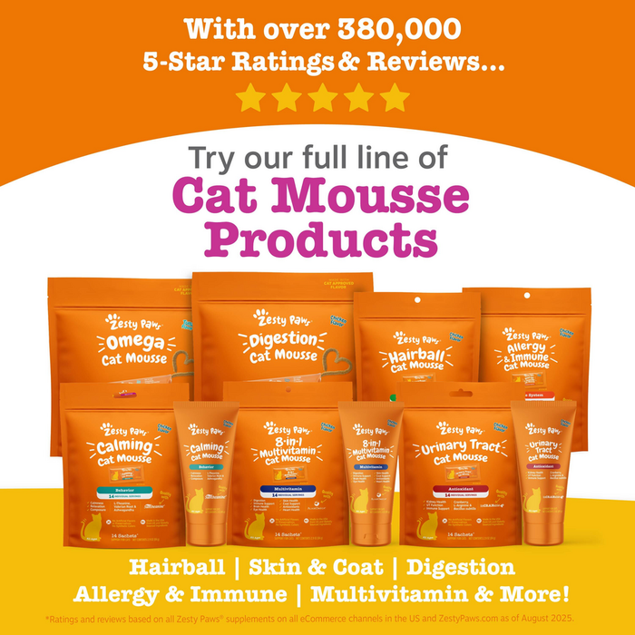Orange Zesty Paw Digestion Cat Mousse pouch displayed among other cat mousse product varieties on orange and yellow backgroun