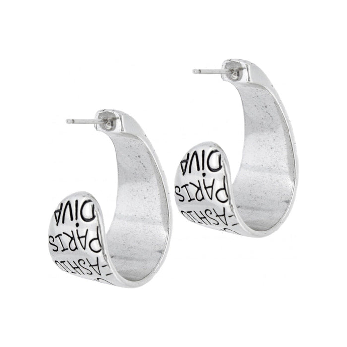 Brighton hoop earrings with silver-plated finish and engraved Paris Fashion Diva text on a white background