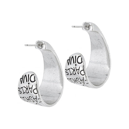Brighton hoop earrings with silver-plated finish and engraved Paris Fashion Diva text on a white background