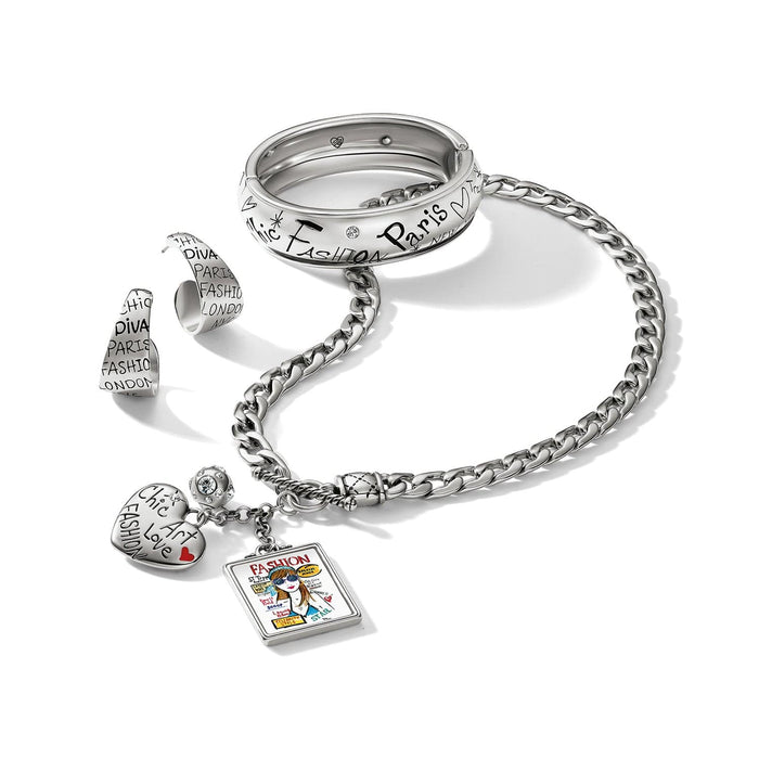 Brighton silver-plated jewelry set styled with bangle, ring, hoop earrings, and charm bracelet featuring fashion-themed graphics