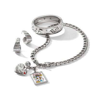 Brighton silver-plated jewelry set styled with bangle, ring, hoop earrings, and charm bracelet featuring fashion-themed graphics