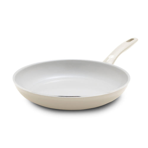 Cream white ceramic 10-inch frypan with a stay-cool handle, displayed on a white background.