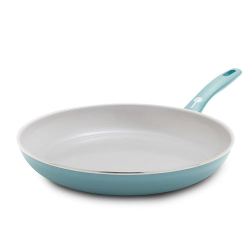 Blue haze ceramic 12-inch frypan with white interior and stay-cool handle on a white background.