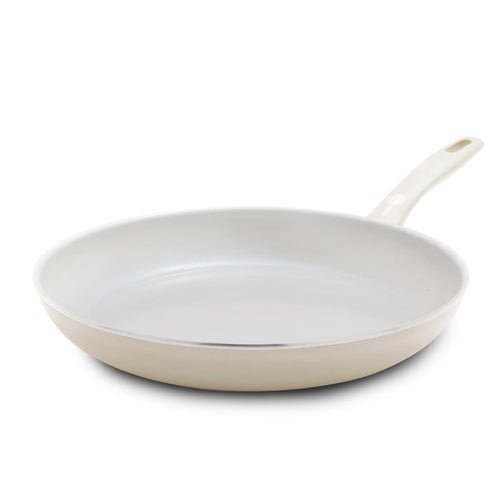 Cream white ceramic 12-inch frypan with a smooth nonstick interior and a long, light-colored stay-cool handle.
