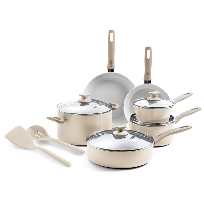 Taupe ceramic 12-piece cookware set with pots, pans, lids, spatula, and spoon on a white background.