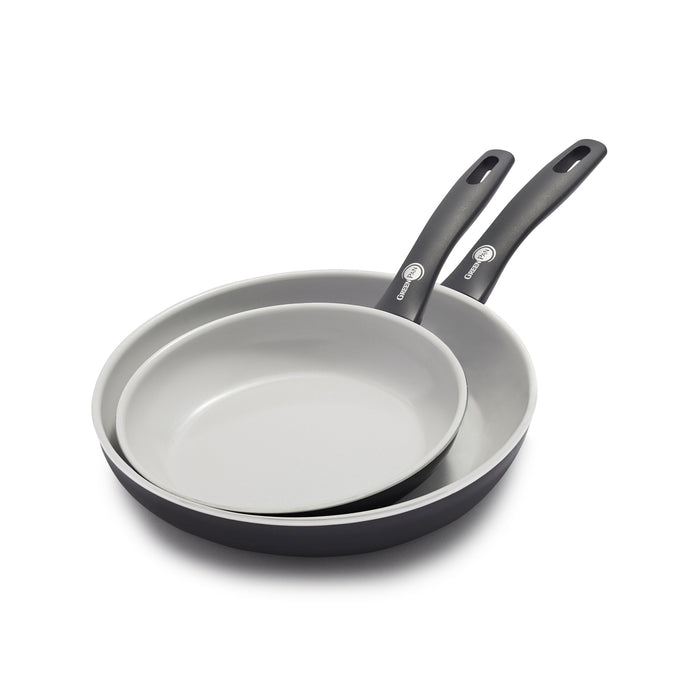 Two black ceramic nonstick frypans, 8-inch and 10-inch, stacked together on a white background.