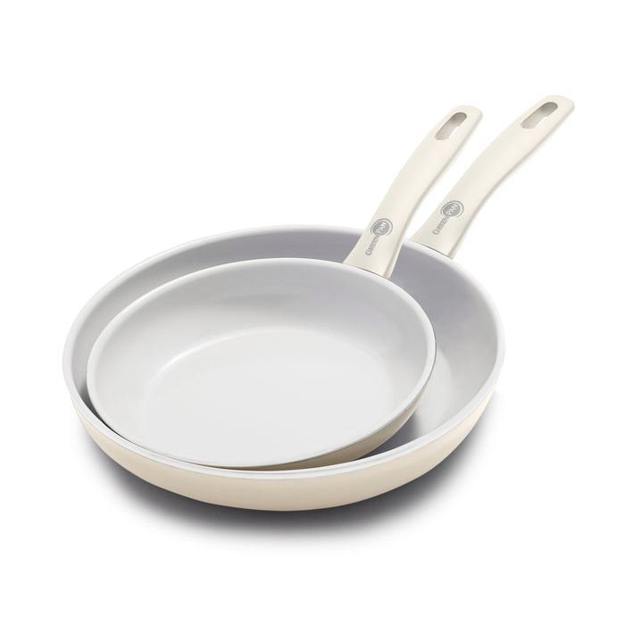 Cream white ceramic nonstick frypan set, includes 8-inch and 10-inch pans shown side by side.