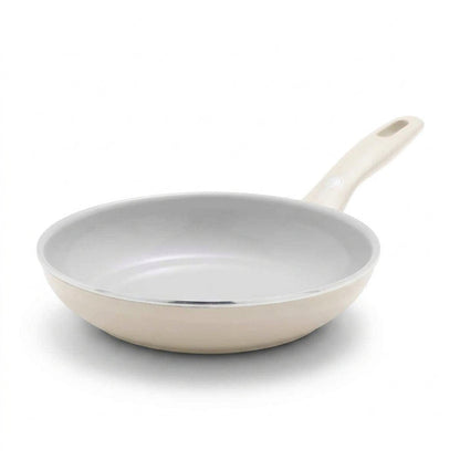 Cream white ceramic 8-inch frypan with matching handle and spatula, shown on a white background.