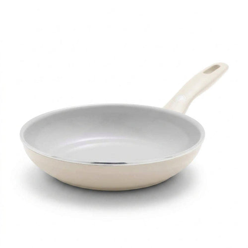 Cream white ceramic 8-inch frypan with matching handle and spatula, shown on a white background.