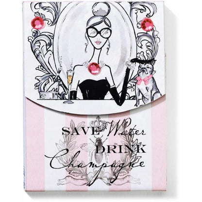 Brighton notepad with illustrated woman in sunglasses, pink crystal accents, and Save Water Drink Champagne text on a white background