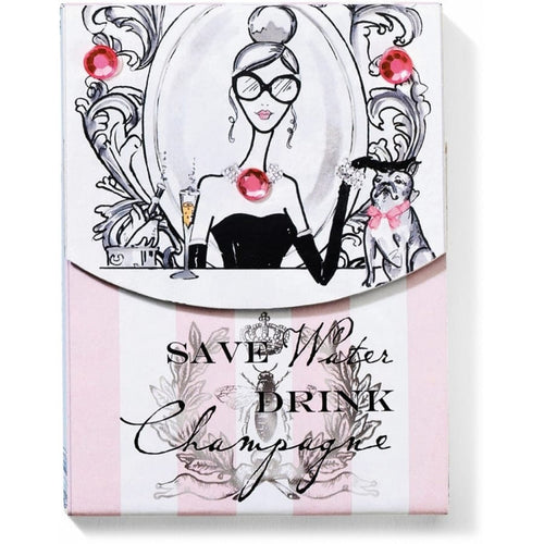 Brighton notepad with illustrated woman in sunglasses, pink crystal accents, and Save Water Drink Champagne text on a white background