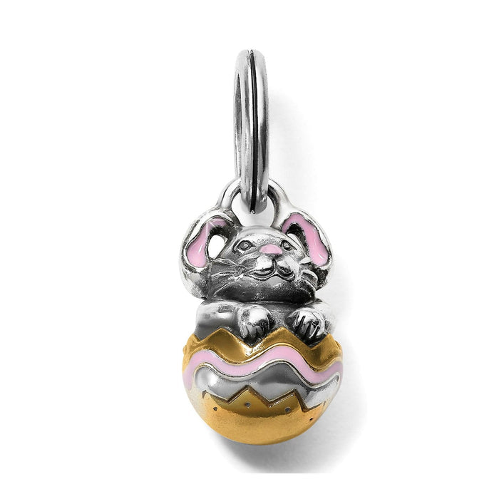 Brighton bunny charm with pink enamel ears perched in a gold and silver-tone Easter egg on a white background