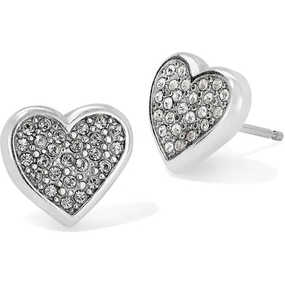 Brighton heart stud earrings with silver-plated finish and pavé crystal accents on a white background