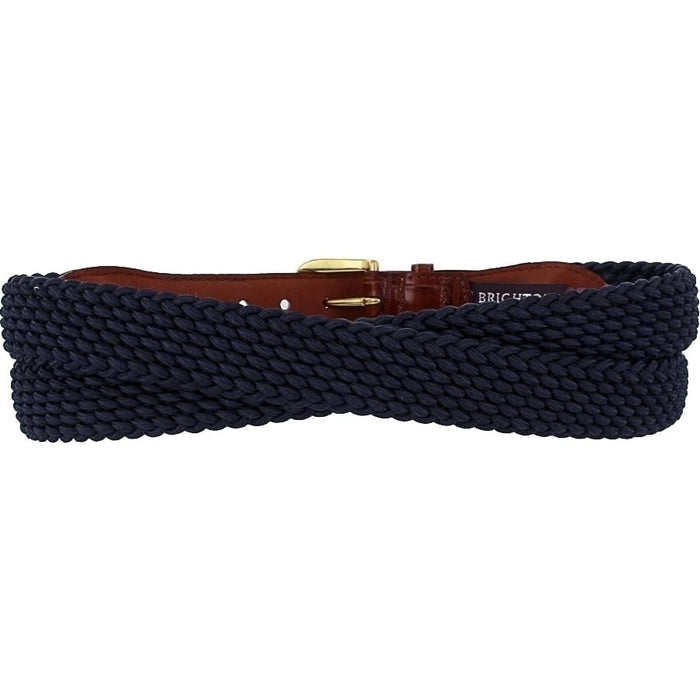 Brighton belt with navy braided fabric, brown leather tab, and gold-tone buckle on a white background