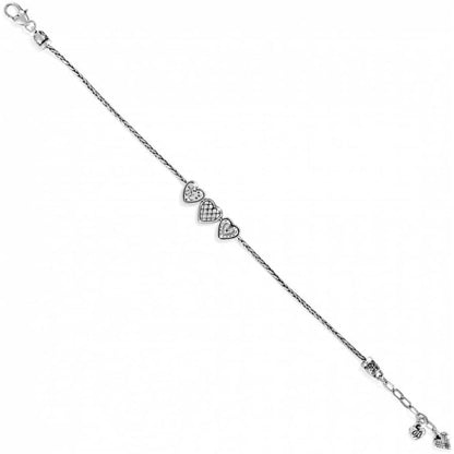 Brighton silver-plated bracelet with three heart charms, crystal accents, and lobster clasp on a white background