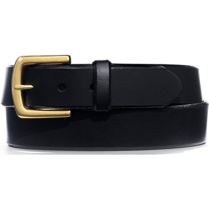 Brighton black leather belt with gold-tone buckle and matching keeper loop on a white background