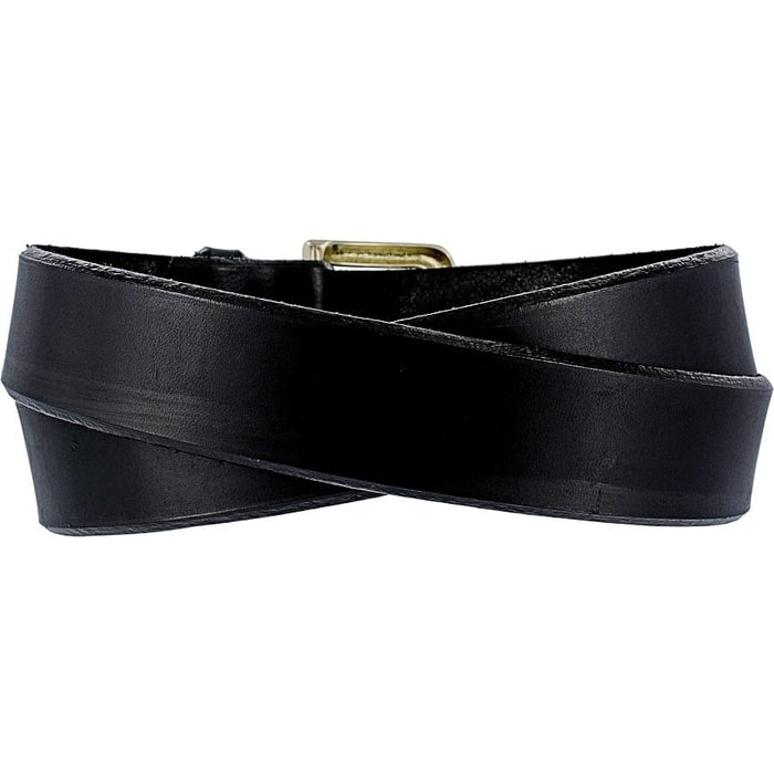 Brighton black leather belt with crossover wrap design and gold-tone buckle hardware on a white background
