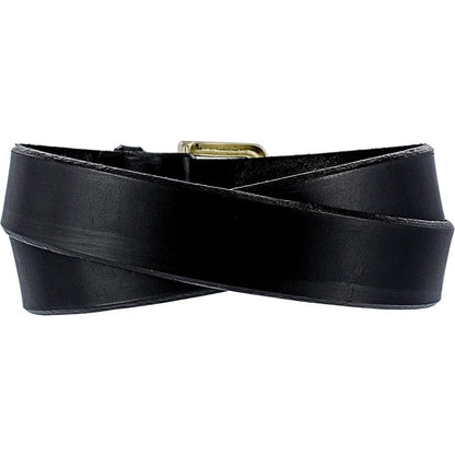 Brighton black leather belt with crossover wrap design and gold-tone buckle hardware on a white background