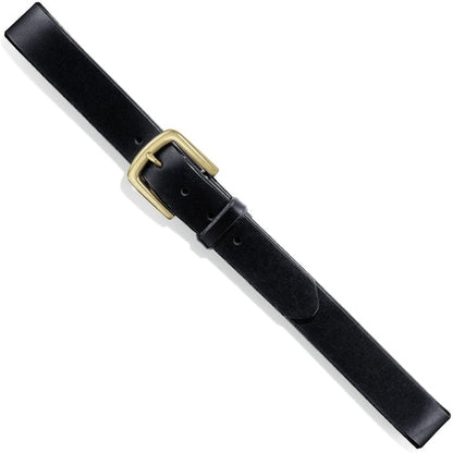 Brighton black leather belt with gold-tone rectangular buckle and single prong closure on a white background