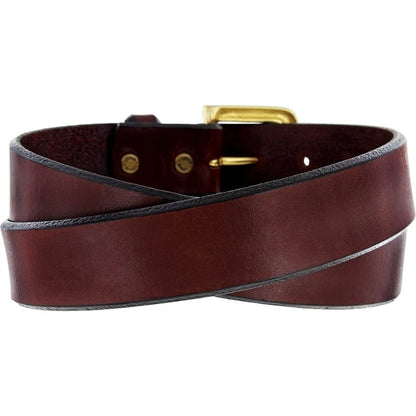Brighton burgundy leather belt coiled with gold-tone buckle and visible adjustment holes on a white background