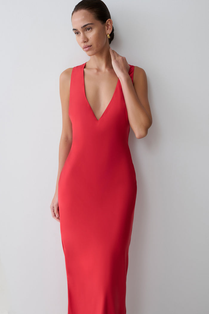 Woman wearing a red dress.