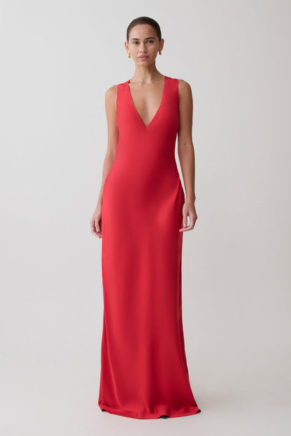 Esme Plunge Satin Maxi Dress - Red