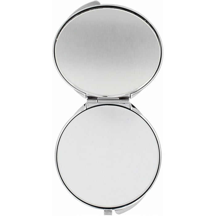 Brighton compact mirror shown open with two round silver-tone mirrored surfaces and hinged case on a white background