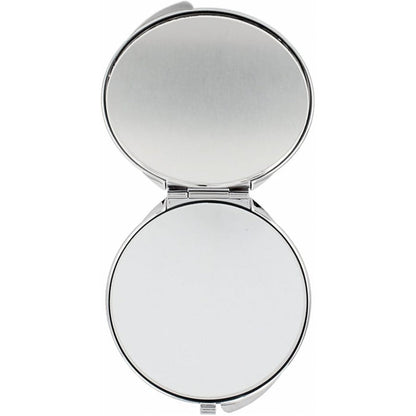 Brighton compact mirror shown open with two round silver-tone mirrored surfaces and hinged case on a white background