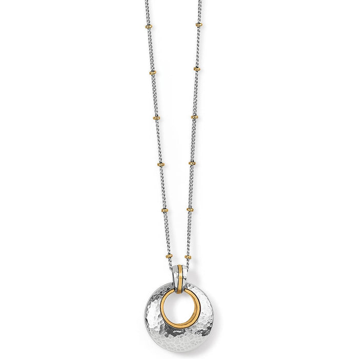 Brighton pendant necklace with hammered silver-tone disc, gold-tone ring accent, and beaded chain on a white background