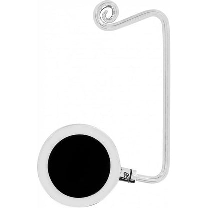 Brighton bag hook with silver-tone scroll hook and round black medallion accent on a white background