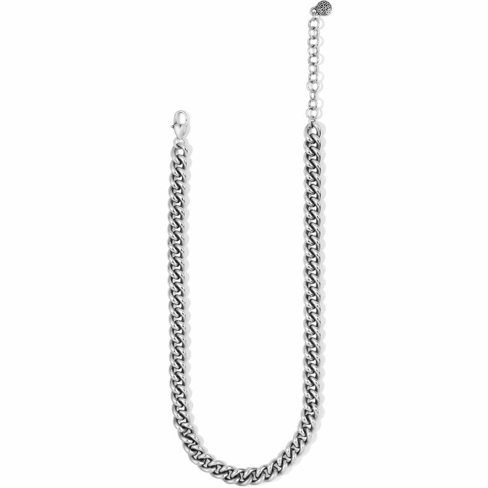 Brighton curb chain necklace with silver-plated links, lobster clasp, and small medallion charm on a white background