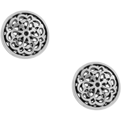 Brighton stud earrings with silver-plated openwork floral filigree domed design on a white background