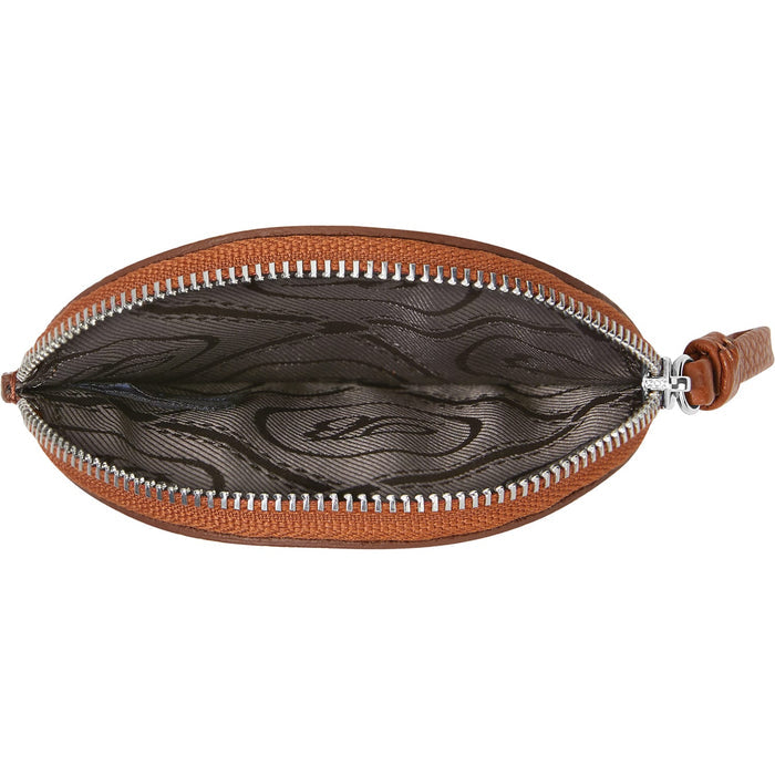Brighton brown leather zip pouch shown open with patterned fabric interior and silver-tone zipper on a white background