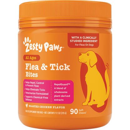 Orange jar of Zesty Paws Flea & Tick Bites soft chews for dogs with roasted chicken flavor, 90 count.