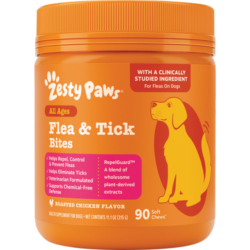 Orange jar of Zesty Paws Flea & Tick Bites soft chews for dogs with roasted chicken flavor, 90 count.