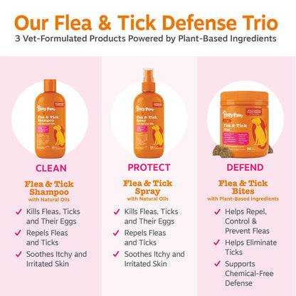 Three orange bottles labeled Flea & Tick products: shampoo, spray, and bites supplement with plant-based ingredients for dogs