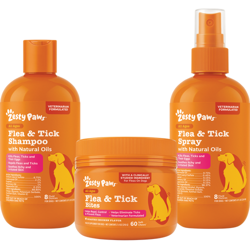 Three orange Zesty Paws flea and tick products: shampoo bottle, bite chews jar, and spray bottle.