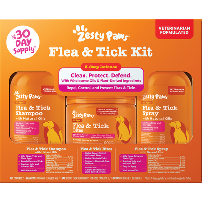 Zesty Paws Flea & Tick Kit containing shampoo, chew treats, and spray bottle on orange packaging.