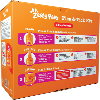Zesty Paw orange box containing flea and tick shampoo, spray, and bite treats with natural oils.